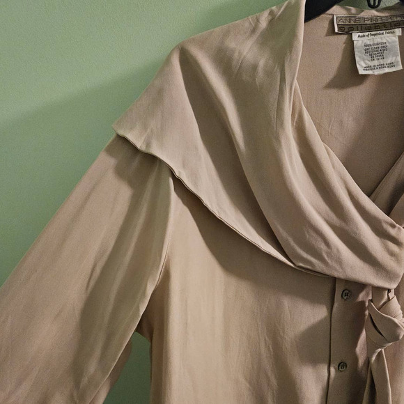 VINTAGE 1980s Anne Pinkerton Collection Beige Silk Blouse Est. Size XL - Picture 9 of 12